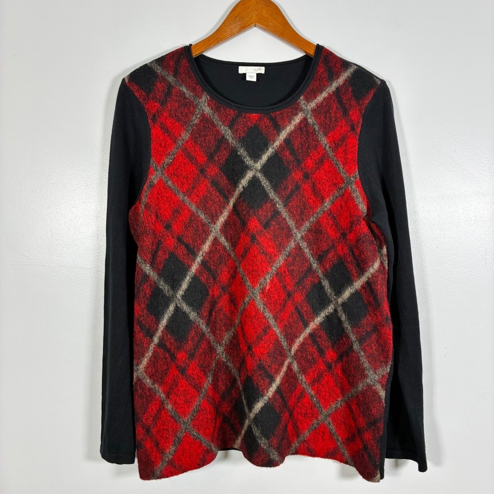 J. Jill Sweater M Plaid Mixed Media Fuzzy Crewneck Knit Wool Blend Holiday Cozy